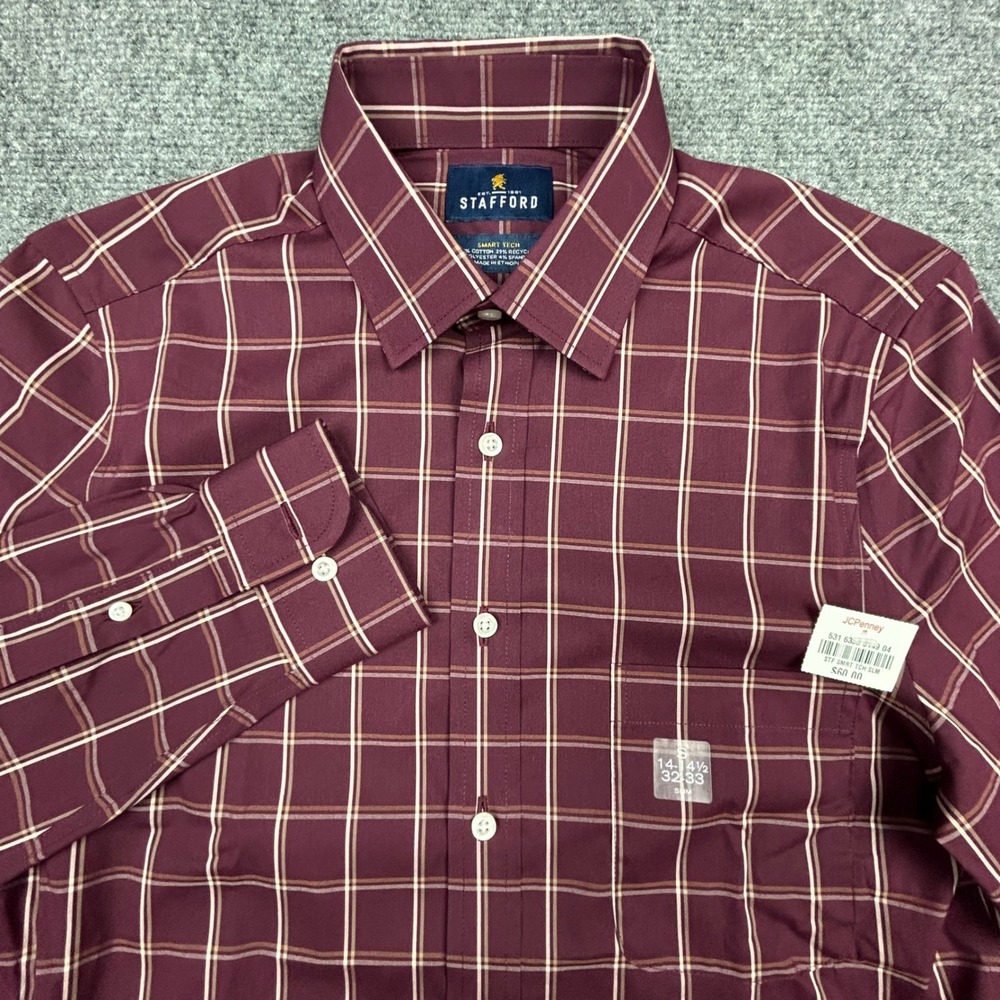 Stafford Button Down Shirt Mens S Burgundy Plaid Smart Tech Slim Fit Performance